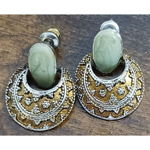 Green Enamel Pierced Moon Shaped Detailed Earrings Womens Fashion Jewelry